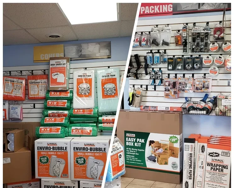 Hwy 50 Storage packing supplies showroom — Enviro-Bubble, locks, and wall display